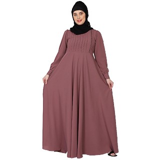 Umbrella abaya with potli buttons neck design- Puce Pink